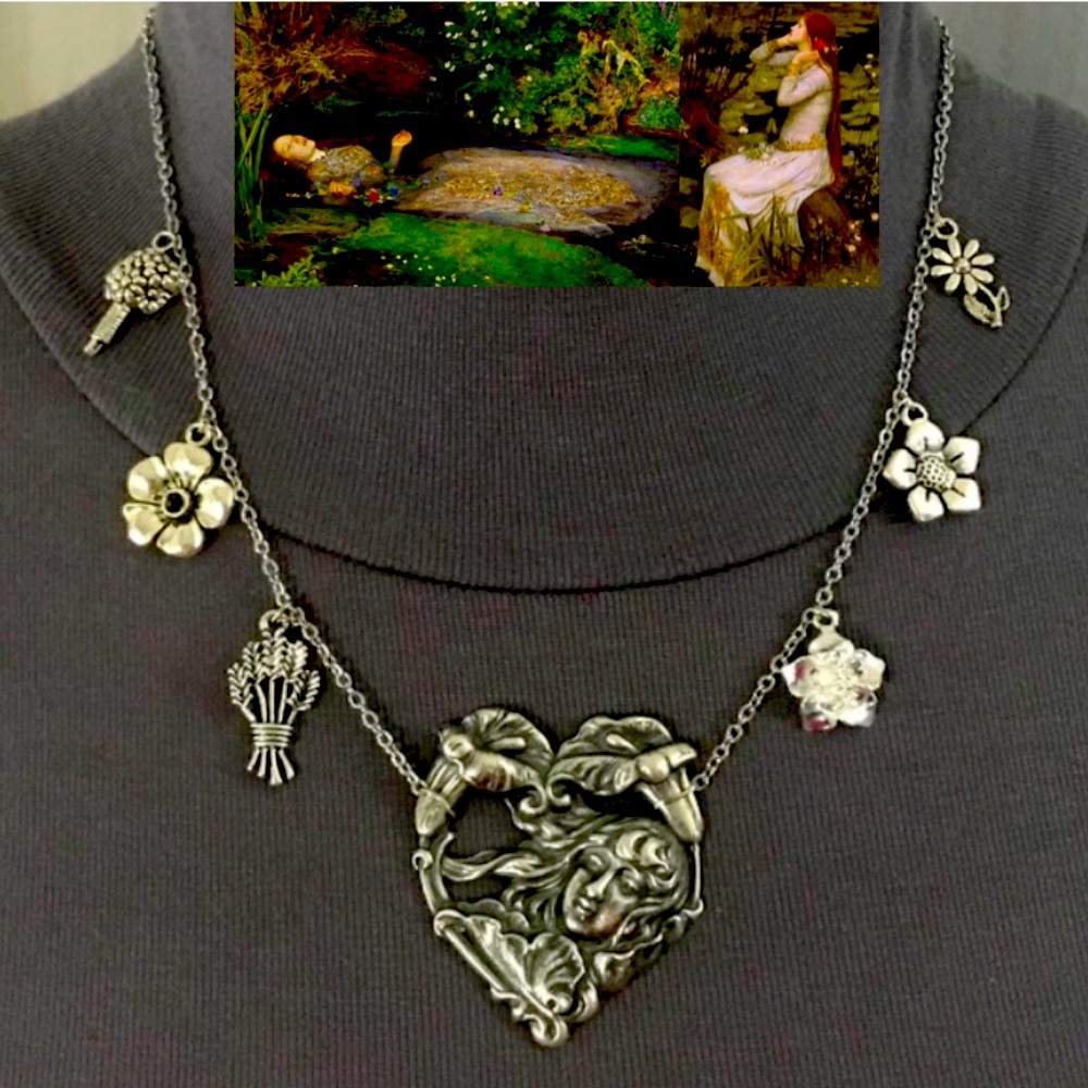 Ophelia's Flowers Handmade Silver Charm Necklace, Hamlet by William Shakespeare